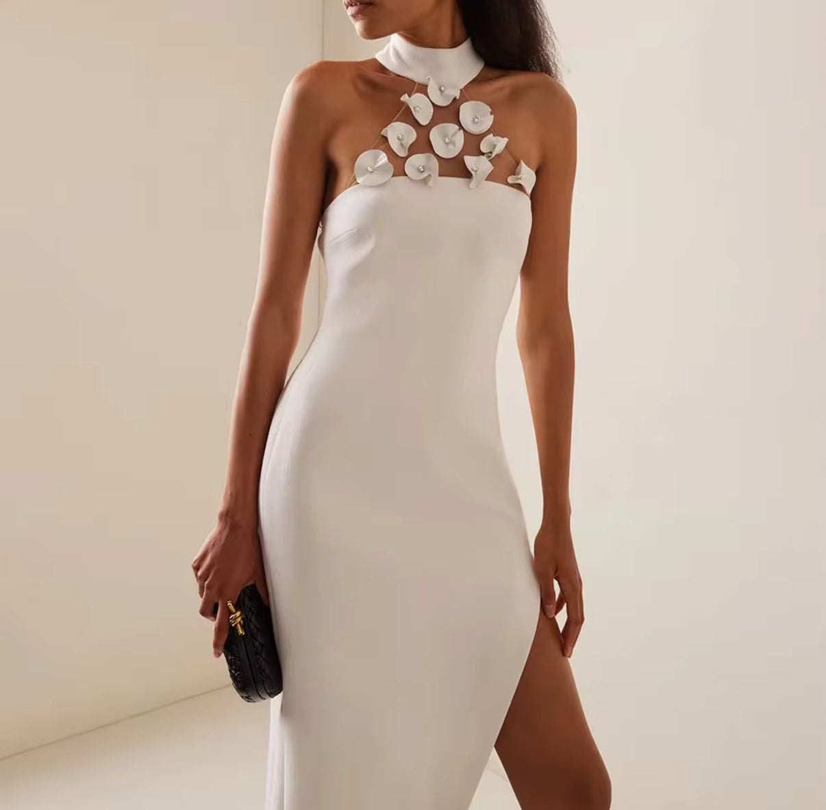 Asymmetric Dress with Side Slit and Floral Detail