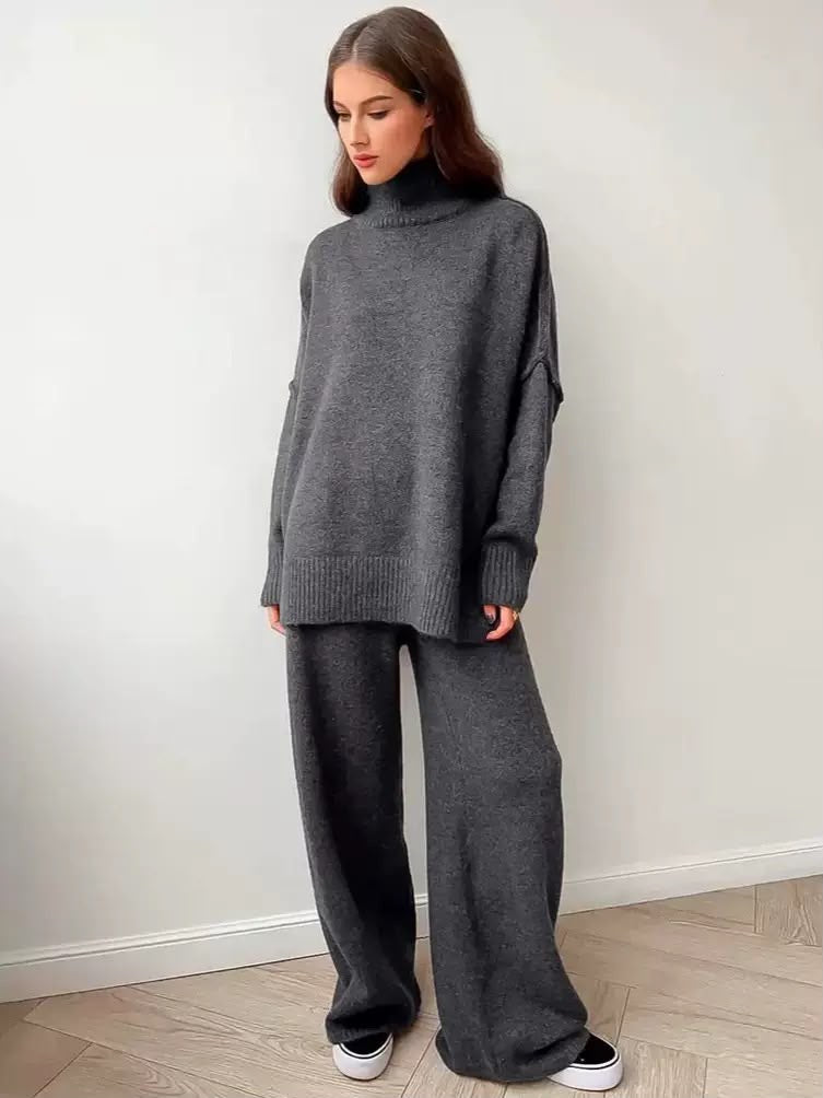 Oversized Turtleneck Wide-Leg Knit Set