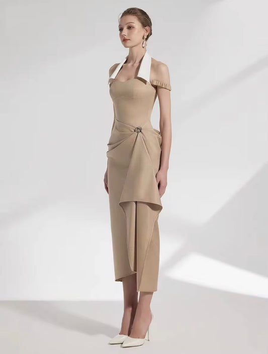 Golden Sculpt Halter Dress