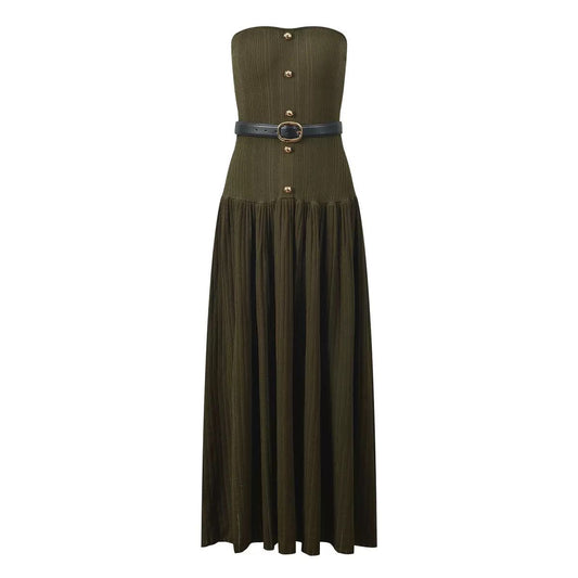Strapless Pleated Maxi Dress with Gold Button Detail & Belt