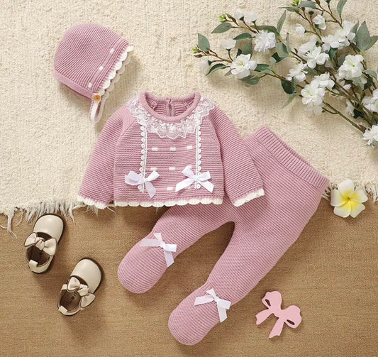 Blush Lace Bow Knitted Baby Set