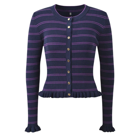 Striped Ruffle Button Knit Cardigan
