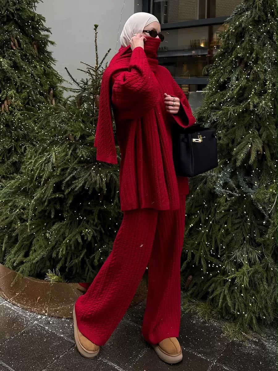 Cable Knit Turtleneck Scarf & Wide-Leg Pants Set