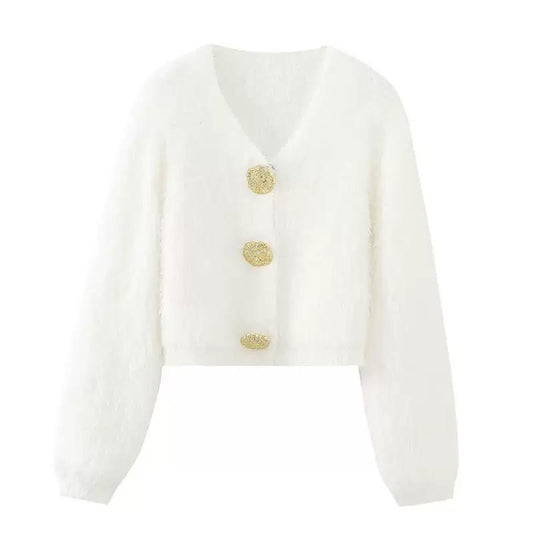 Fuzzy Button Cardigan with Gold Details