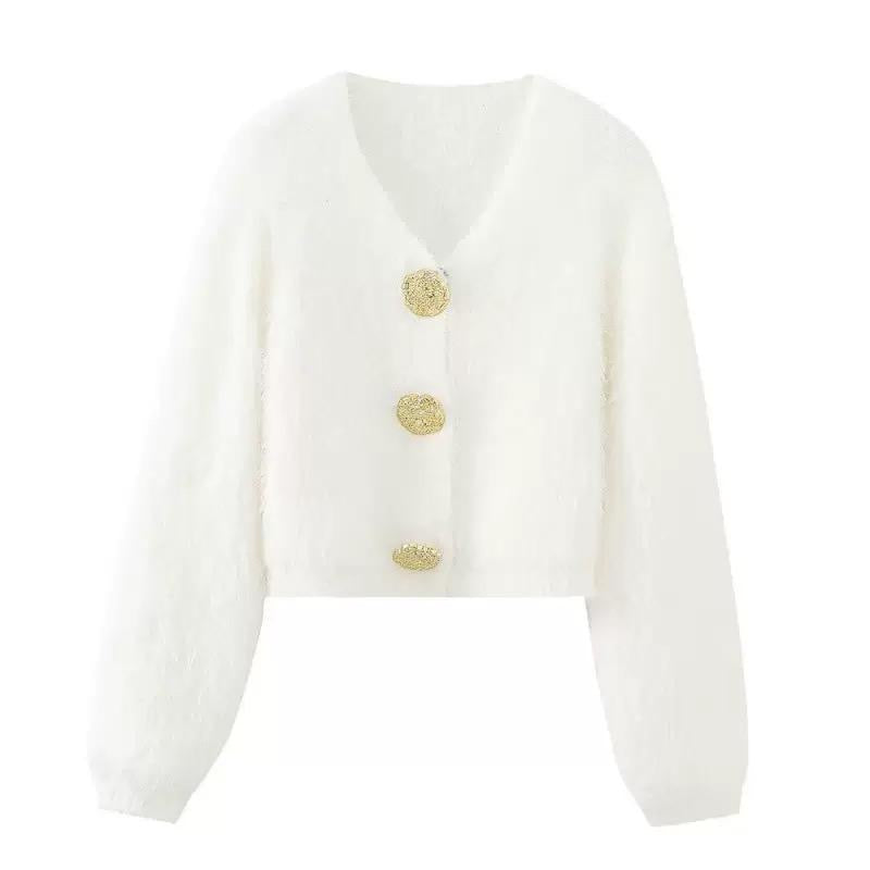 Fuzzy Button Cardigan with Gold Details