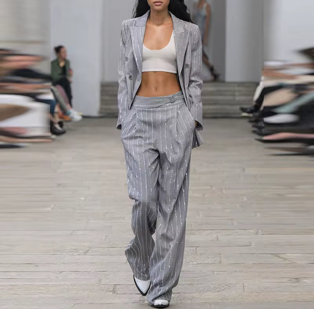 Metallic Silver Pinstripe Pantsuit