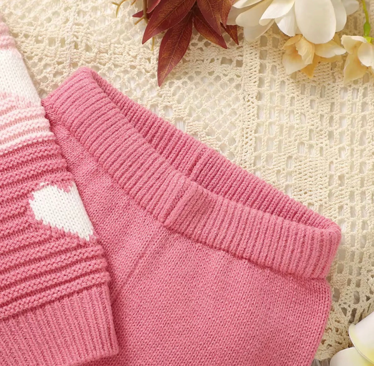 Pink Heart Knit Cardigan & Flared Pants Set