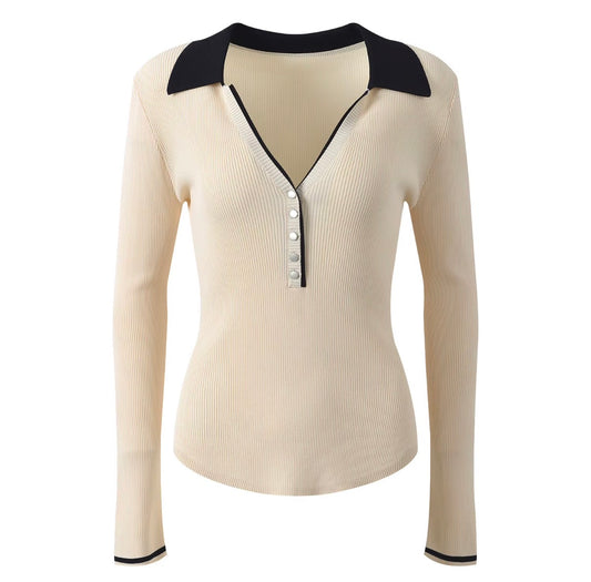 Monaco Contrast Collar Ribbed Top
