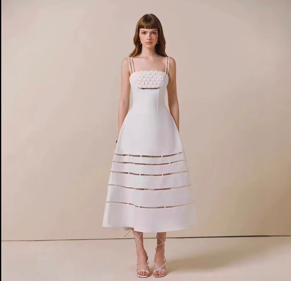 Structured White Midi Dress with Sheer Stripe Panel Skirt and Dual Strap Bodice