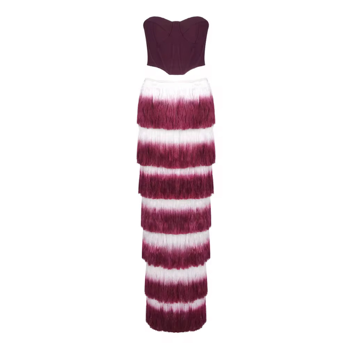 Burgundy Corset Top & Ombre Fringe Maxi Skirt Set
