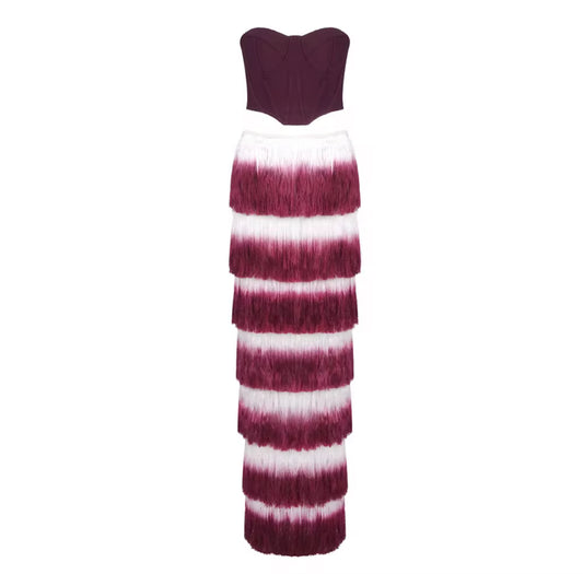 Burgundy Corset Top & Ombre Fringe Maxi Skirt Set