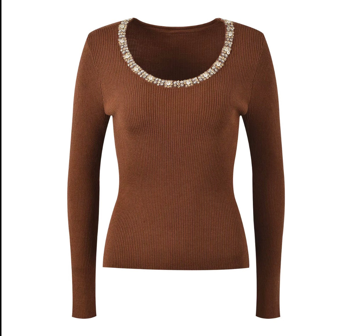 Crystal Neckline Ribbed Knit Top