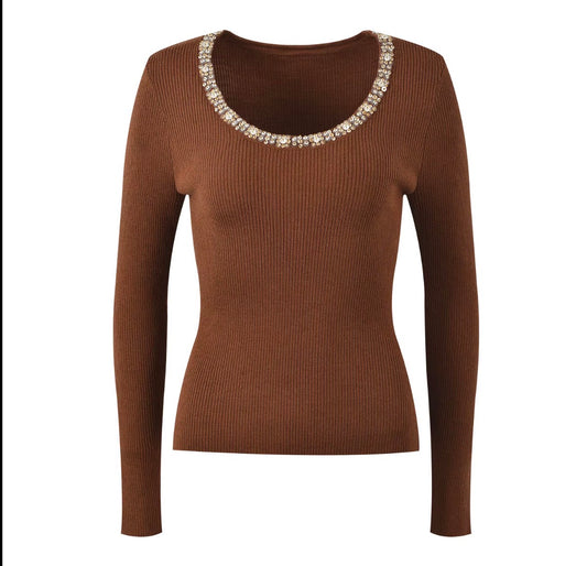 Crystal Neckline Ribbed Knit Top