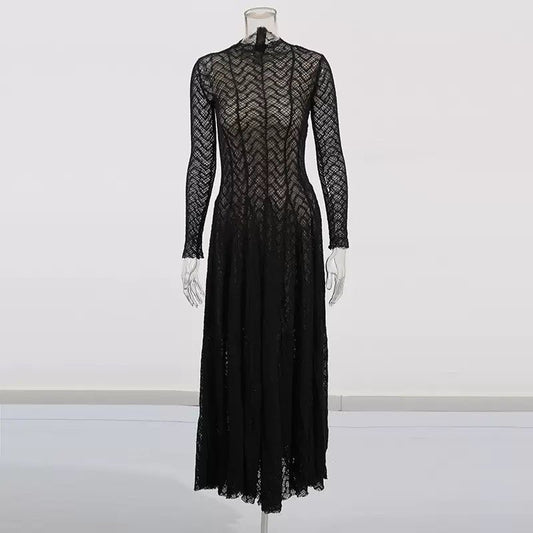 Ethereal Lace High-Neck Long-Sleeve Maxi Dress