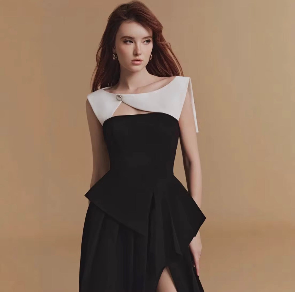 Monochrome Sculpt Asymmetric Peplum Midi Dress