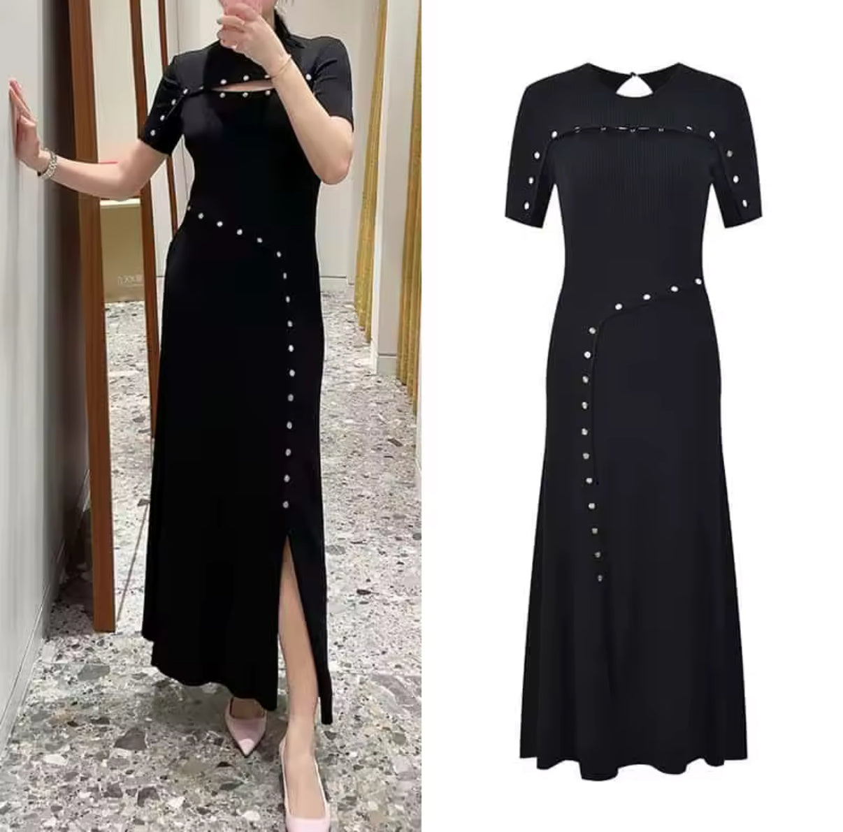 ribbed texture dress with silver stud trim