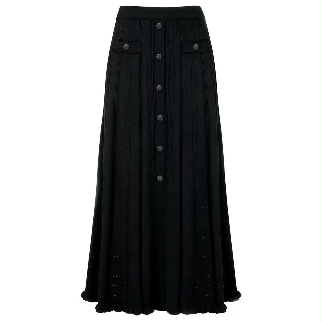 Black Ribbed Knit Cardigan & Midi Skirt Set
