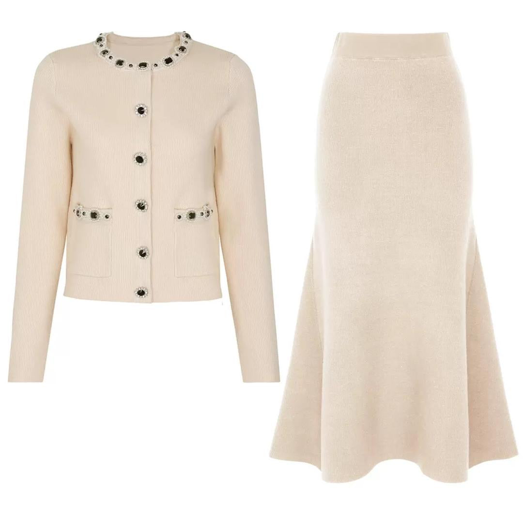 Embellished Knit Cardigan & Flared Midi Skirt Set