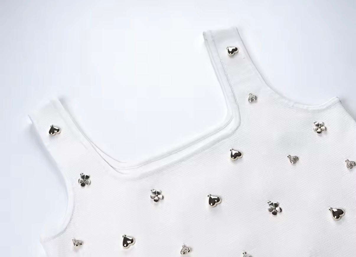 Crystal Charm Embellished Crop Top & Ruffle Mini Skirt Set