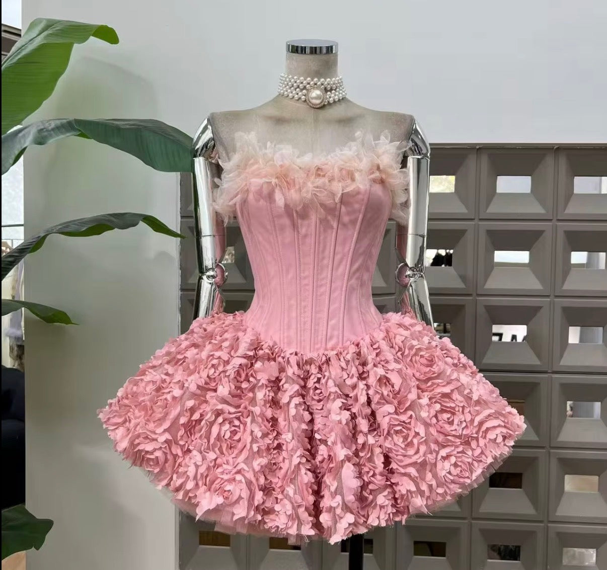 Floral Corset Mini Dress with Voluminous 3D Rose Skirt
