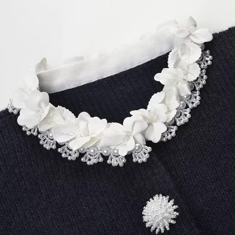 Floral Pearl Collar Knit Cardigan
