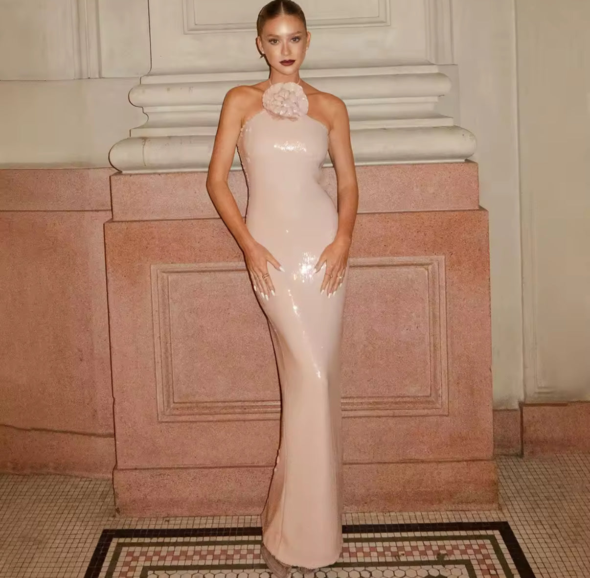 Halter Maxi Dress with Oversized Floral Detail