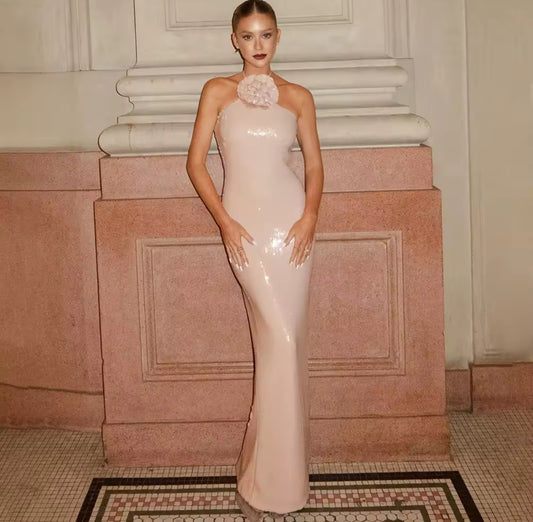 Halter Maxi Dress with Oversized Floral Detail