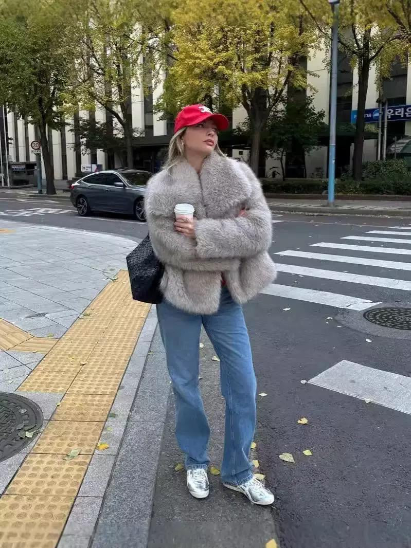 Short Faux Fur Coat with Wide Lapel Collar