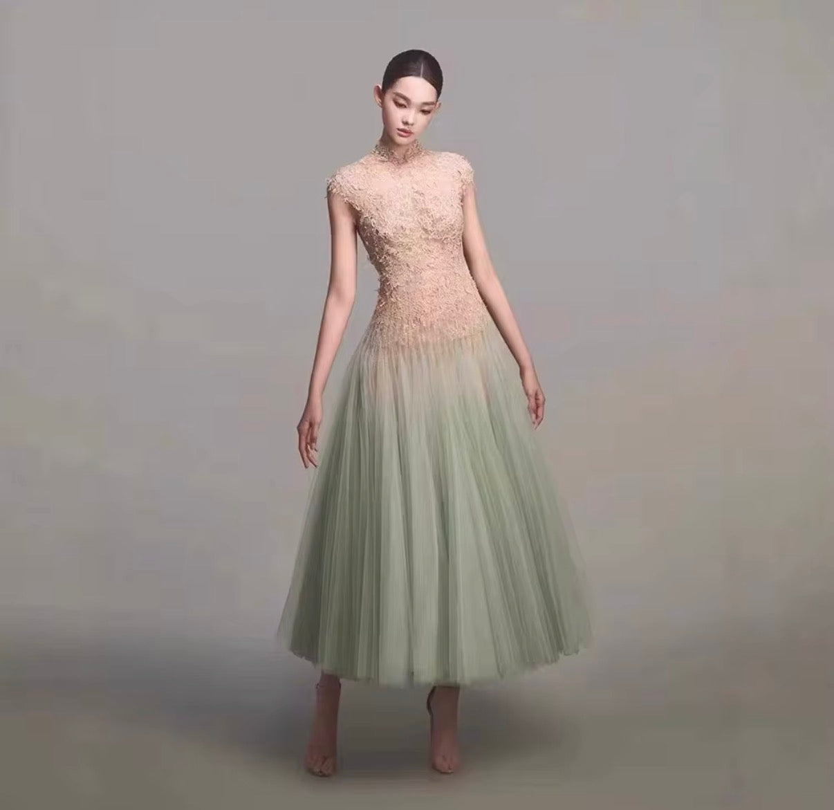 Textured Lace Bodice Ombre Tulle Midi Dress with Open Back and Soft Volume Skirt