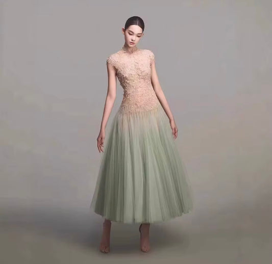 Textured Lace Bodice Ombre Tulle Midi Dress with Open Back and Soft Volume Skirt