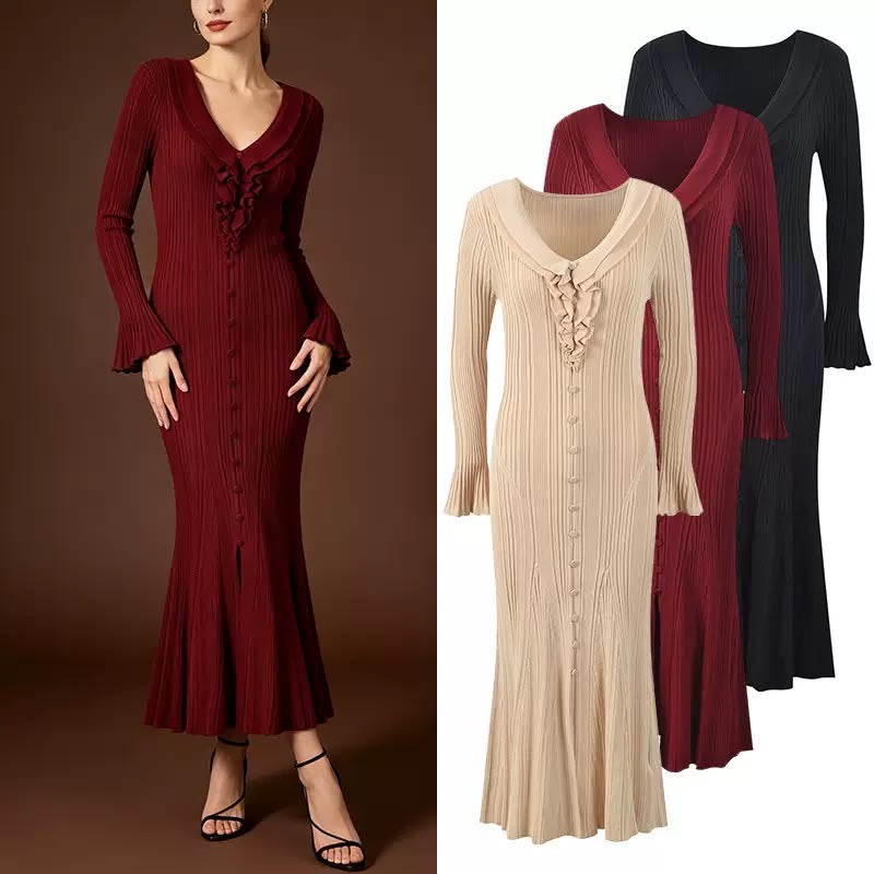 Ruffle Trim Ribbed Maxi Dress