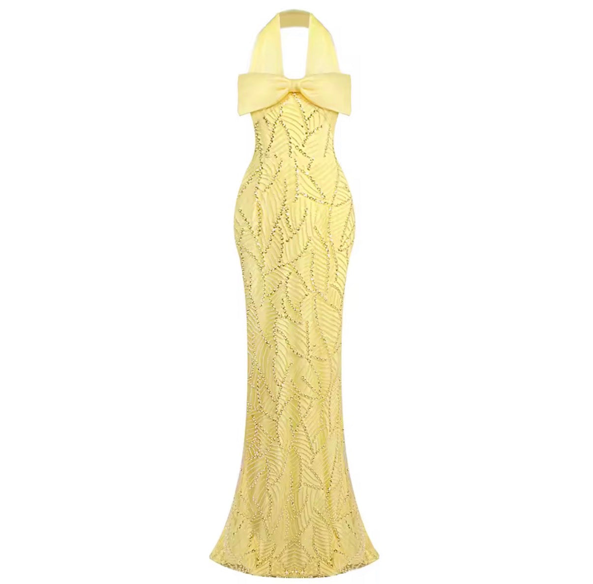 Sleeveless Halter Bow Yellow Textured Maxi Dress