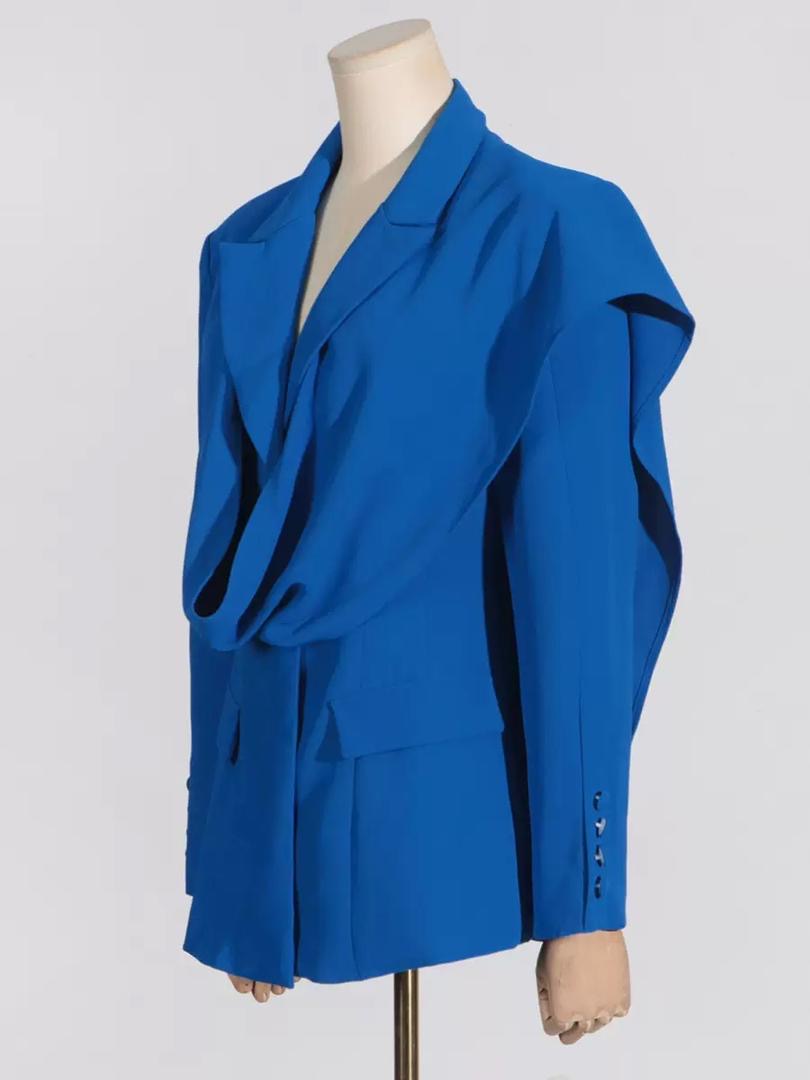 Royal Blue Tailored Blazer with Draped Shoulder Scarf Effect