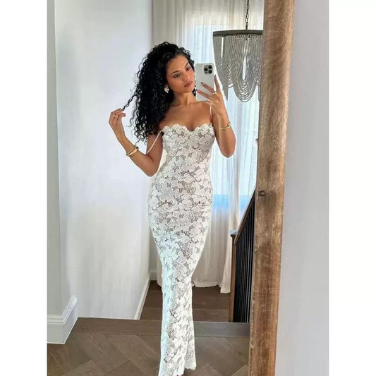 White Floral Lace Strapless Maxi Dress with Scalloped Neckline