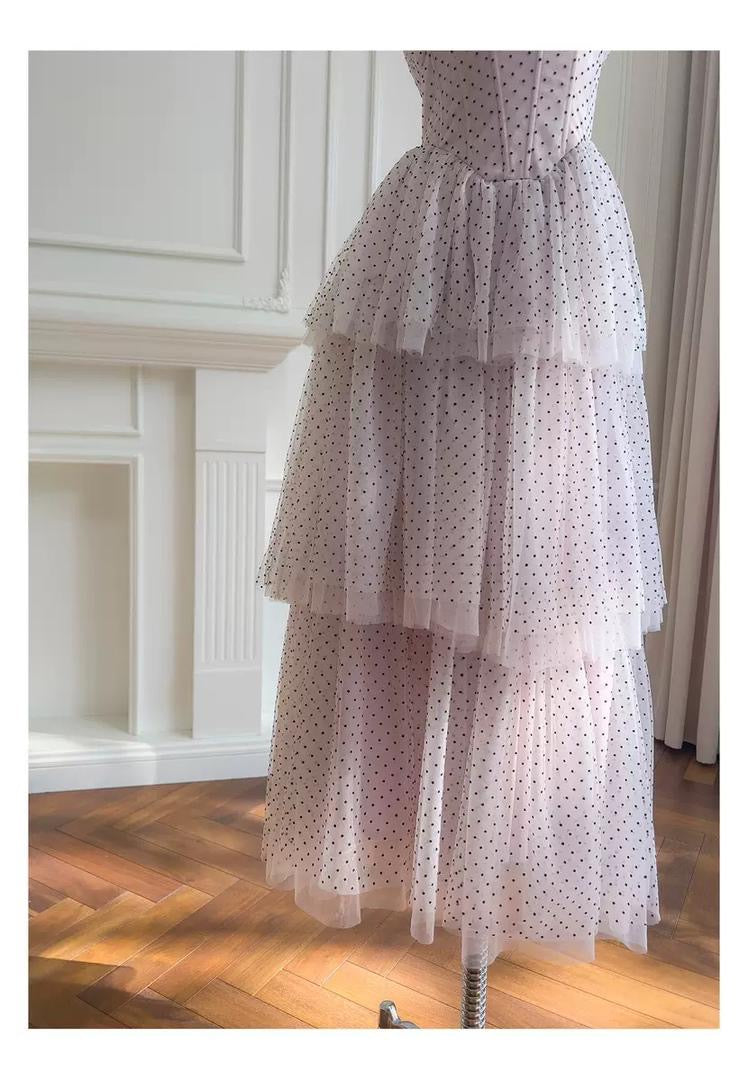 Retro Polka Dot Gown with Ruffled Skirt