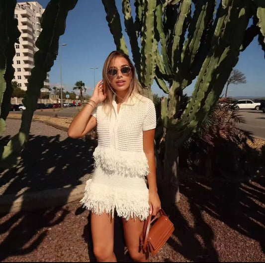 Crochet crop top and mini skirt with fringe accents