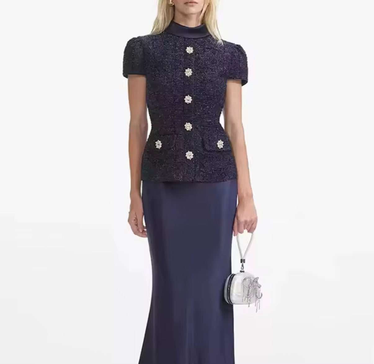 deep navy dress with a tailored tweed-style bodice