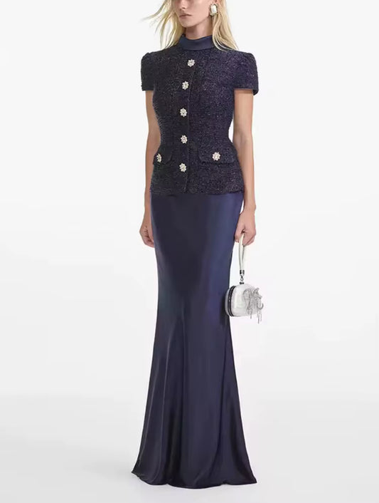 deep navy dress with a tailored tweed-style bodice