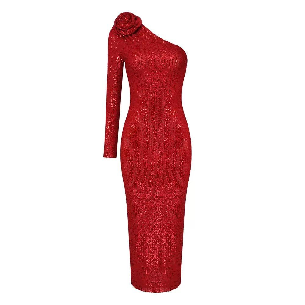 Red Scarlet Flame One-Shoulder Sequin dress