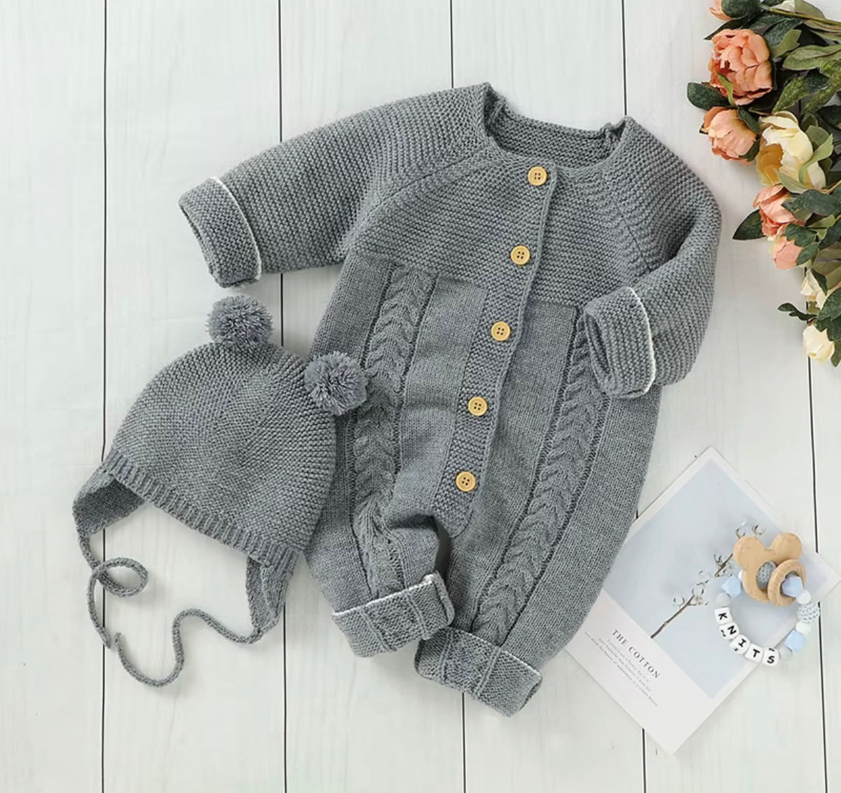 Teddy Cable Knit Baby Romper Set