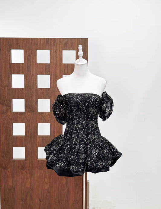 Off-Shoulder Lace Corset Bubble Mini Dress with Puff Sleeves