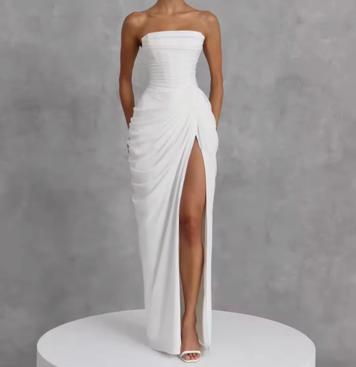 Strapless Draped Ruched Slit Gown