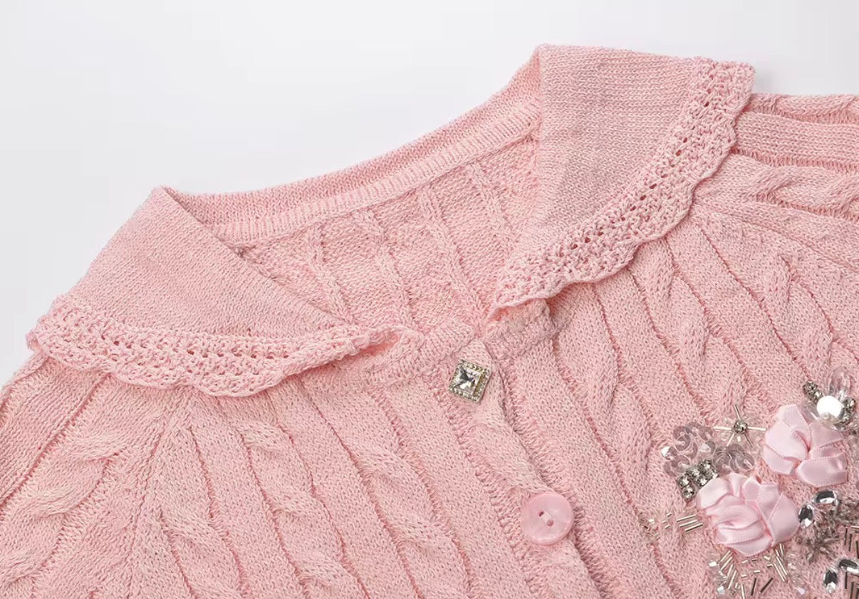 Vintage Cable Knit Brooch Cardigan