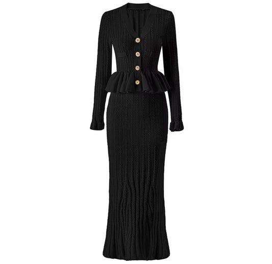 Peplum Button Knit Maxi Dress