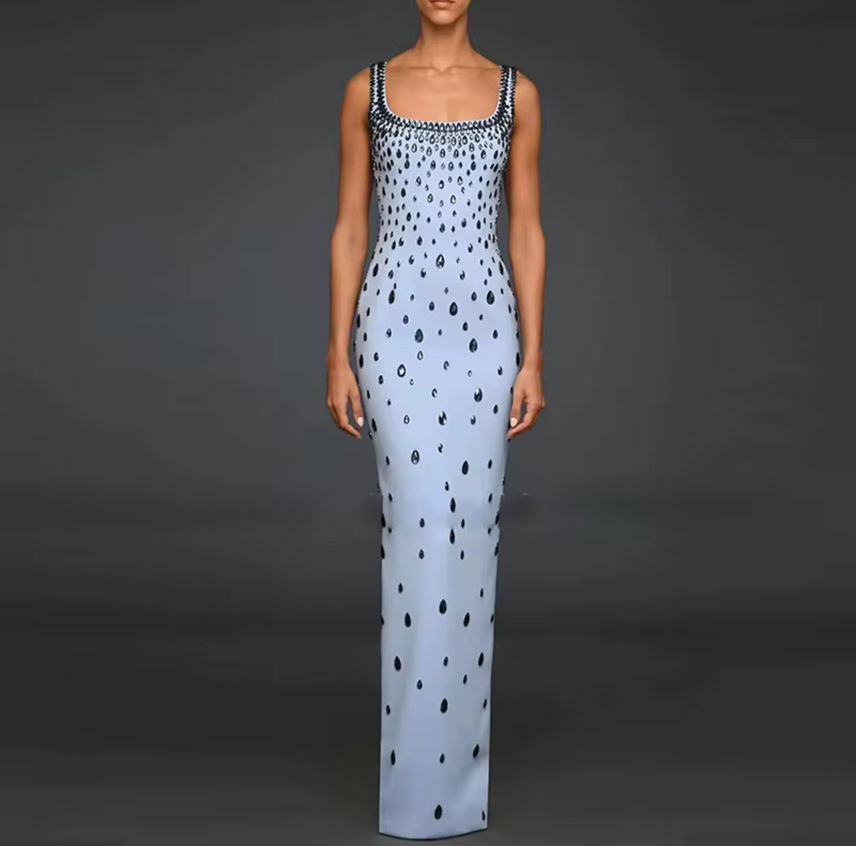 Powder blue teardrop crystal embellished long dress