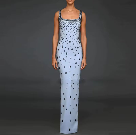 Powder blue teardrop crystal embellished long dress