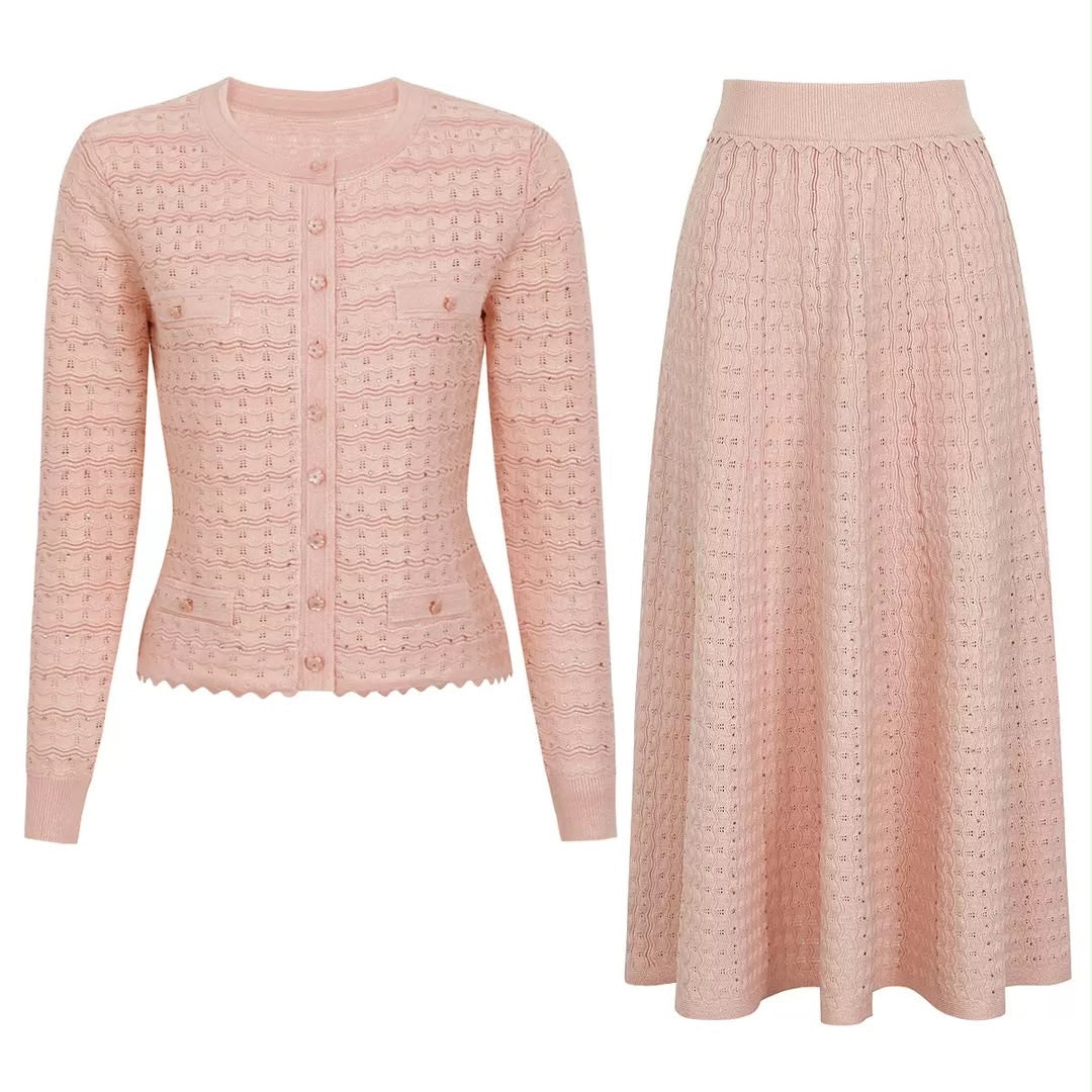 Pointelle Knit Cardigan & Maxi Skirt Set