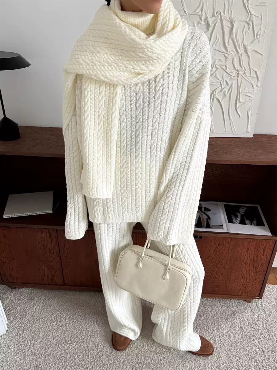 Cable Knit Turtleneck Scarf & Wide-Leg Pants Set