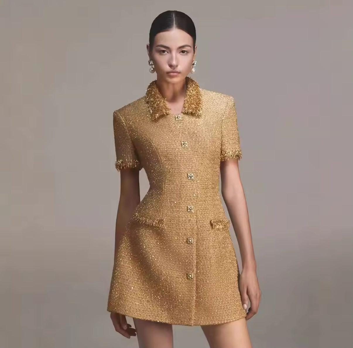 Golden Short-Sleeve Blazer Dress with Buttons