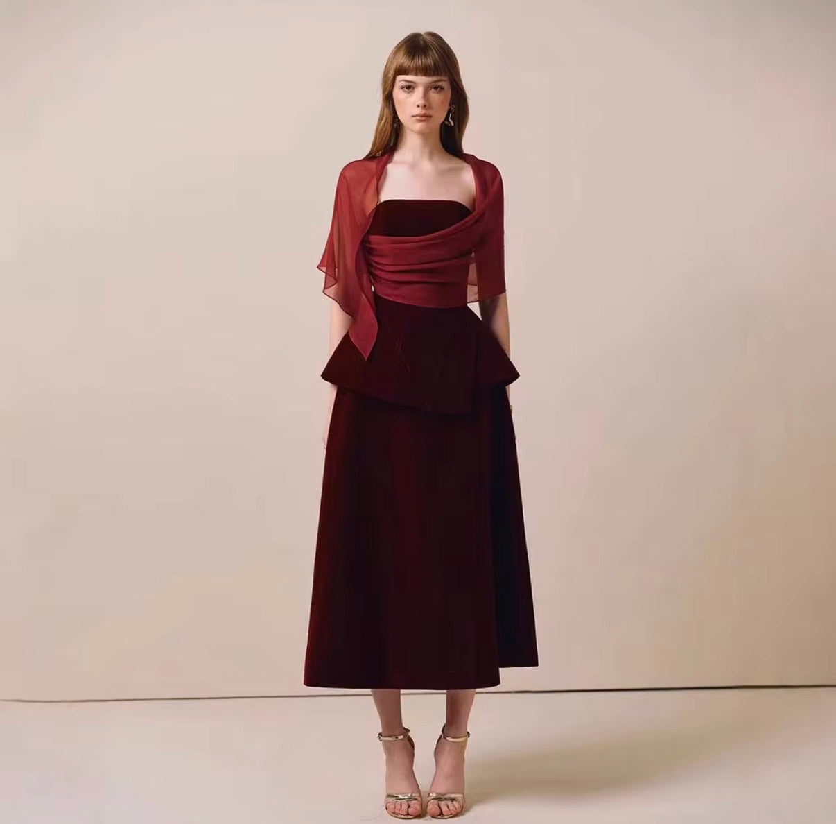 Elegant Draped Sheer Shawl A-Line Midi Dress with Structured Waist